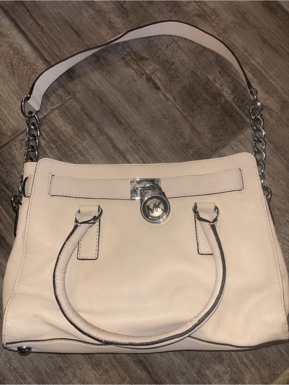 Michael Kors Cream Leather Satchel with Chain-Accent Strap